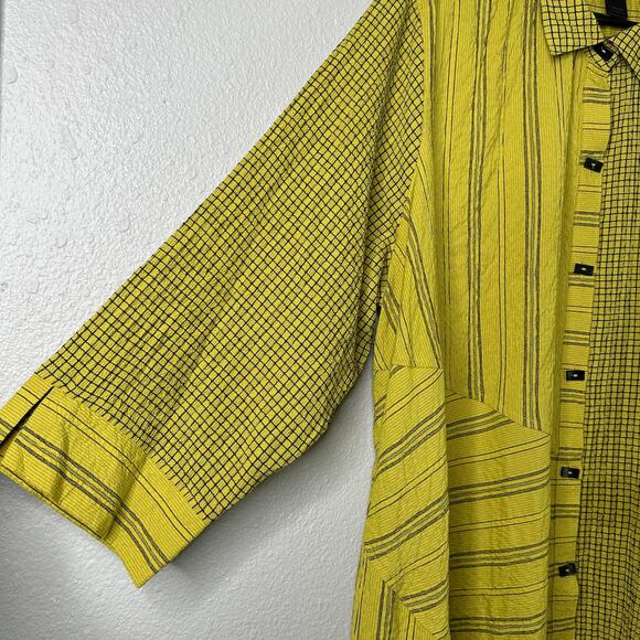 Ali Miles Wearable Art Asymmetric Tunic Citron 2X Crinkle Striped Button Blouse - Picture 4 of 13